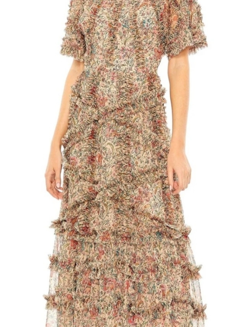 Mac Duggal Floral Ruffle Maxi Dress in Beige and Rose
